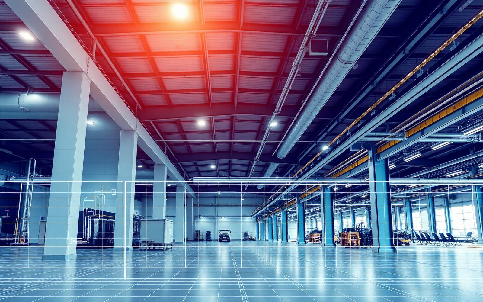 Moderne industriële faciliteit met technische blueprint-overlay